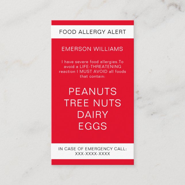 Red Food Allergy Alert Personalised Chef Card (Front)