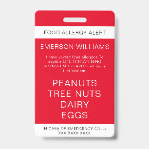 Red Food Allergy Alert Personalised ID Badge