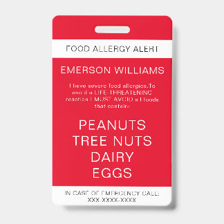 Red Food Allergy Alert Personalised ID Badge