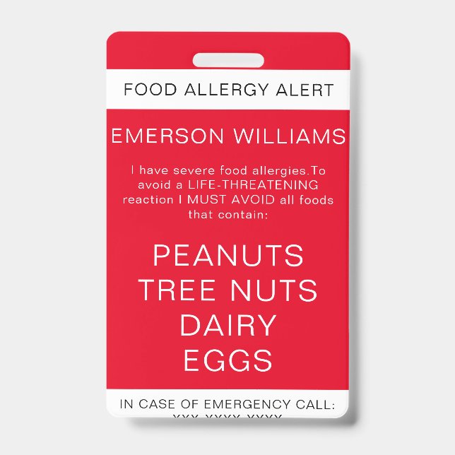 Red Food Allergy Alert Personalised ID Badge (Front)