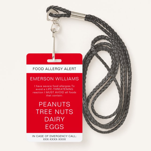 Red Food Allergy Alert Personalised ID Badge (Front with Lanyard)