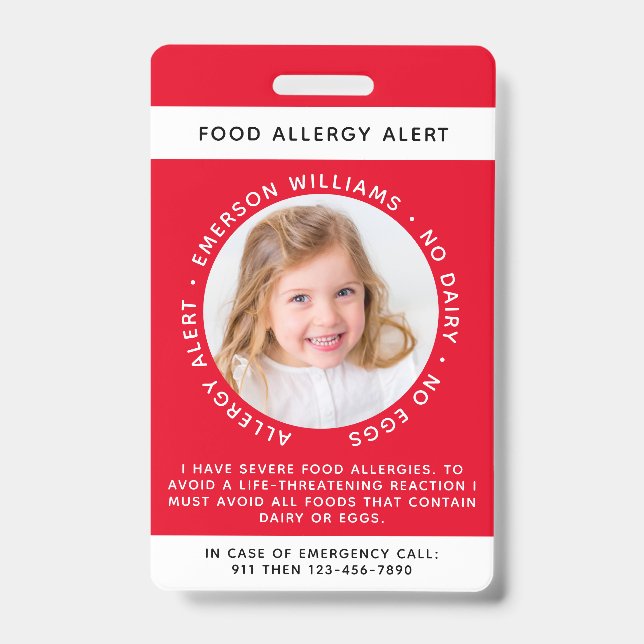 Red Food Allergy Alert Photo ID Badge (Front)