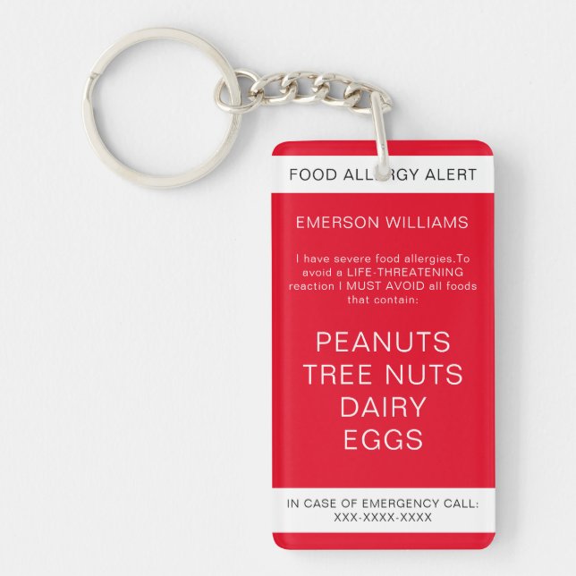Red Food Allergy Medical Alert Emergency Contact Key Ring (Front)