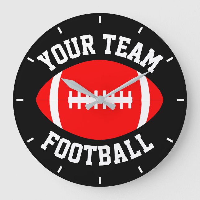 Red Football Custom Team Name & Background Color Large Clock (Front)