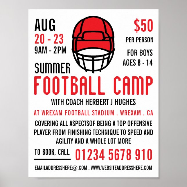 Red Football Helmet, Football Camp Advertising Poster (Front)