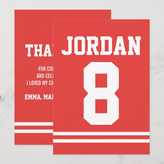 Red Football Jersey Sports Theme Party Thank You Invitation (Front/Back)