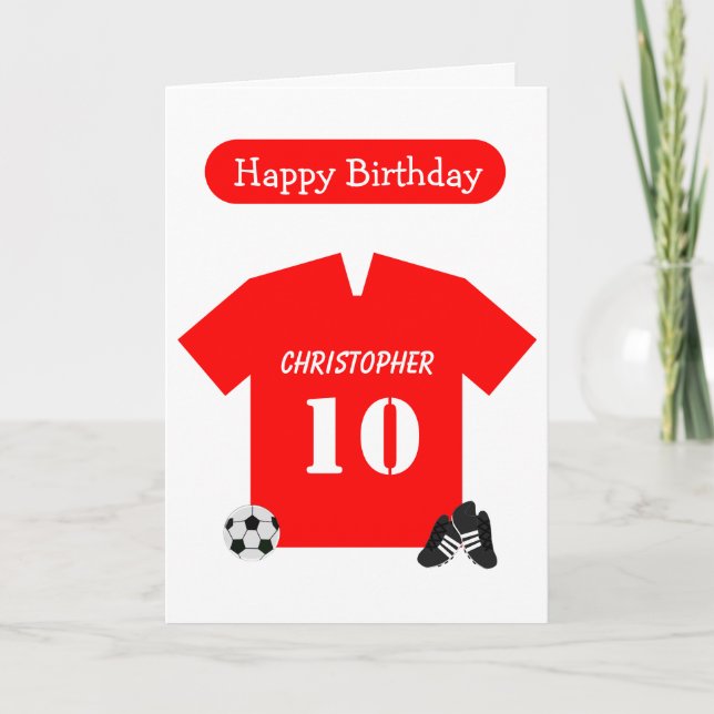 Red Football Shirt Personalised 10th Birthday Card (Front)