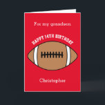 Red Football Sport 14th Birthday Card<br><div class="desc">A red personalised football 14th birthday card for grandson, godson, son, etc. You can easily personalise the front of this sports birthday card with his age and name. The inside card message and back of the card can also be personalised for the birthday recipient. This football birthday card for him...</div>