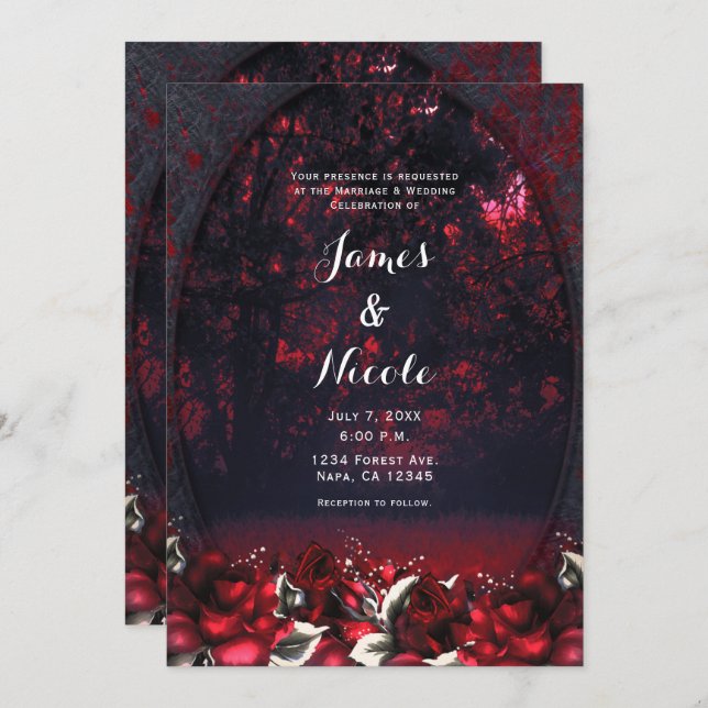 Red Forest Roses Gothic Wedding  Invitation (Front/Back)