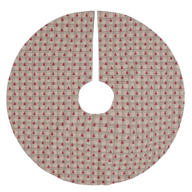 Red Forest Rows on Warm Beige Grid Brushed Polyester Tree Skirt (Front)