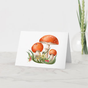 Red Forest Wild Mushrooms Watercolor Nature Card