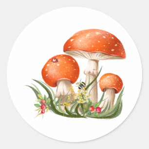 Red Forest Wild Mushrooms Watercolor Nature  Classic Round Sticker
