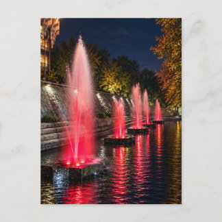 Red Fountain Reflections at Night Postcard