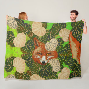 RED FOX AMONG THE GREEN LEAVES AND FOLIAGE FLEECE BLANKET