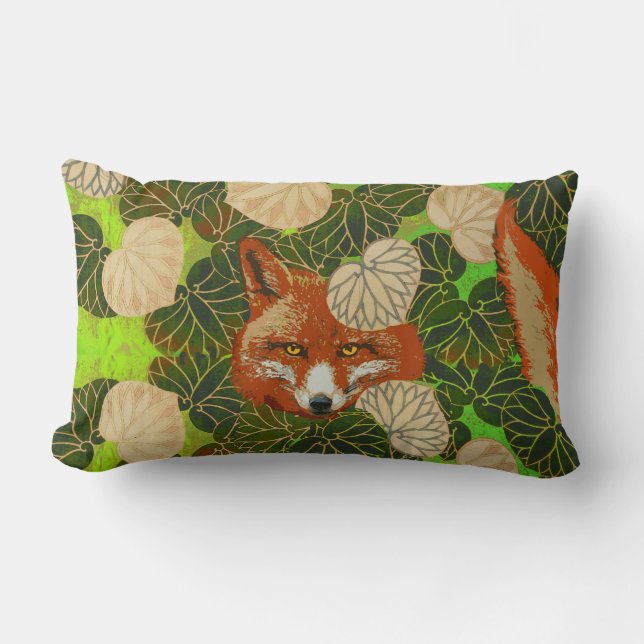 RED FOX AMONG THE GREEN LEAVES AND FOLIAGE LUMBAR CUSHION (Front)