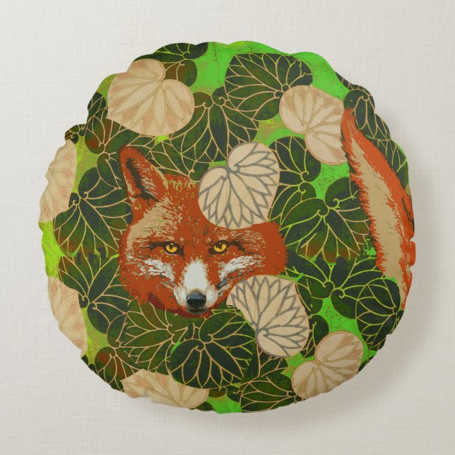 RED FOX AMONG THE GREEN LEAVES AND FOLIAGE ROUND CUSHION (Front)