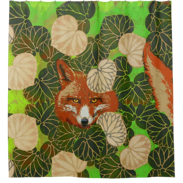 RED FOX AMONG THE GREEN LEAVES AND FOLIAGE SHOWER CURTAIN (Front)