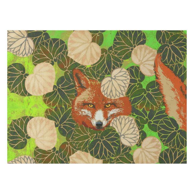 RED FOX AMONG THE GREEN LEAVES AND FOLIAGE TABLECLOTH (Front (Horizontal))