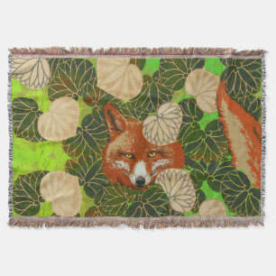 RED FOX AMONG THE GREEN LEAVES AND FOLIAGE THROW BLANKET