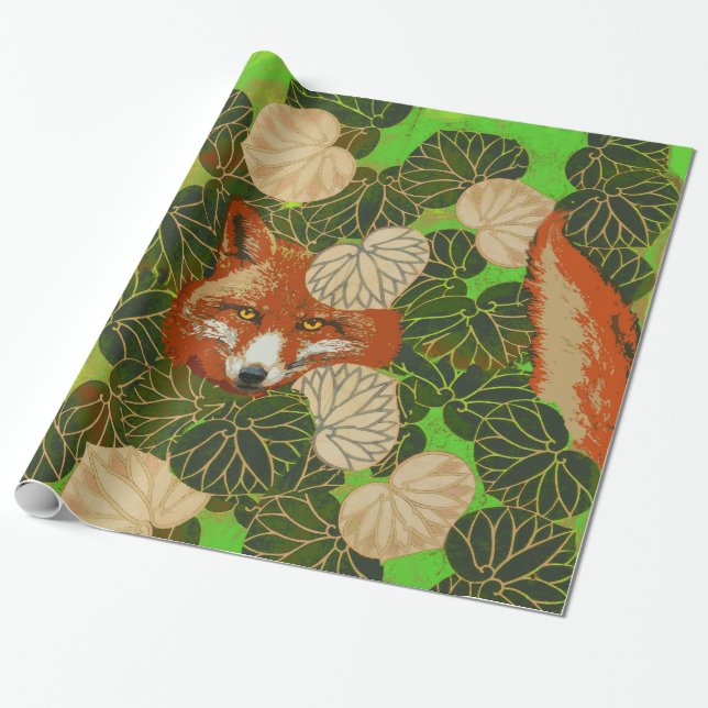RED FOX AMONG THE GREEN LEAVES AND FOLIAGE WRAPPING PAPER (Unrolled)