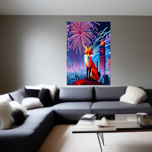 Red fox and firework   AI Art  Poster