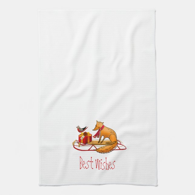 Red Fox and Red Robin Best Wishes Tea Towel (Vertical)