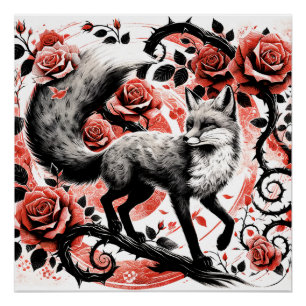 Red Fox and Roses with Thornes Linocut             Poster
