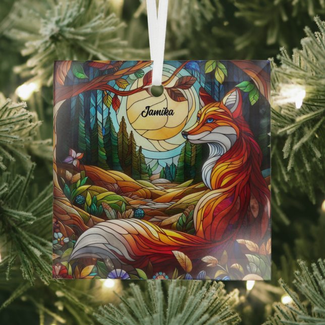  Red Fox and Sun and Forest Glass Tree Decoration (Insitu)