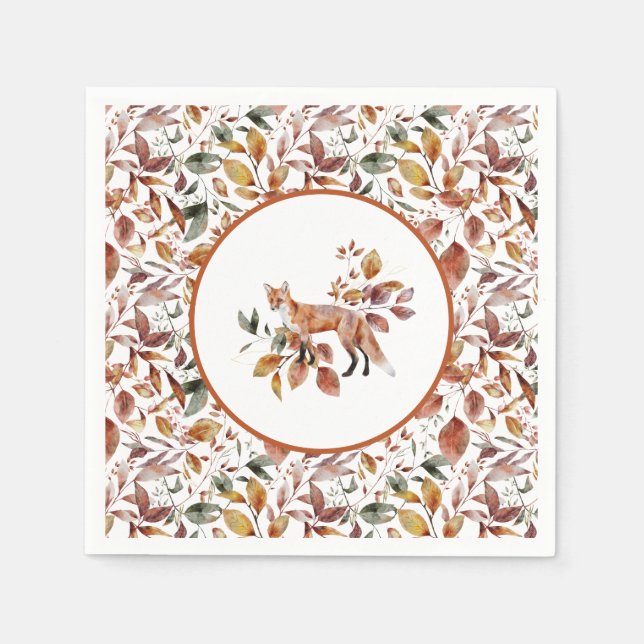 Red Fox Autumn Fall Leaves Pattern Napkin (Front)