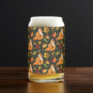 Red Fox Autumn Leaves Acorns Green Pattern Can Glass