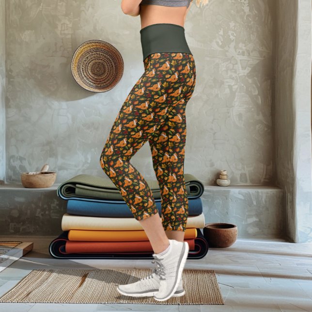 Red Fox Autumn Leaves Acorns Green Pattern Capri Leggings (Creator Uploaded)