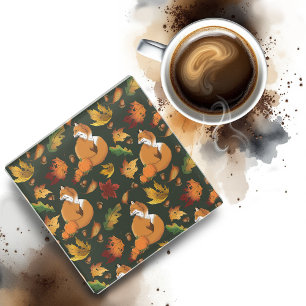 Red Fox Autumn Leaves Acorns Green Pattern Glass Coaster