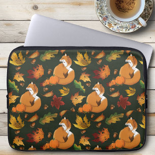 Red Fox Autumn Leaves Acorns Green Pattern Laptop Sleeve