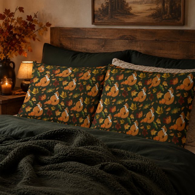 Red Fox Autumn Leaves Acorns Green Pattern Pillowcase (Creator Uploaded)