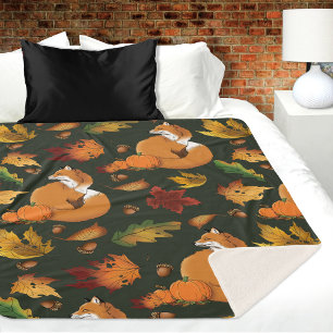 Red Fox Autumn Leaves Acorns Green Pattern Sherpa Blanket