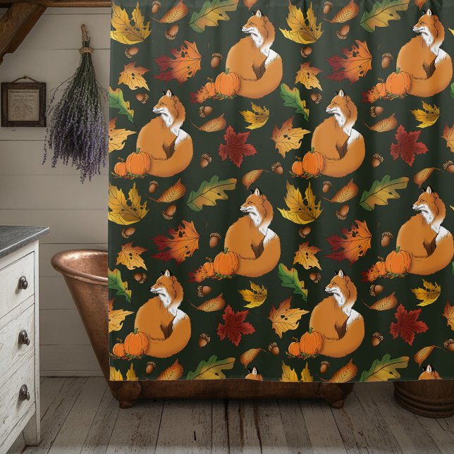 Red Fox Autumn Leaves Acorns Green Pattern Shower Curtain (Creator Uploaded)