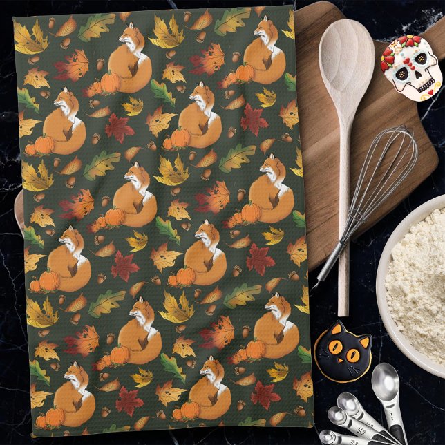 Red Fox Autumn Leaves Acorns Green Pattern Tea Towel (Creator Uploaded)