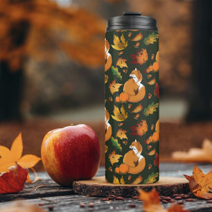 Red Fox Autumn Leaves Acorns Green Pattern Thermal Tumbler