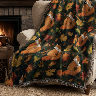 Red Fox Autumn Leaves Acorns Green Pattern Throw Blanket