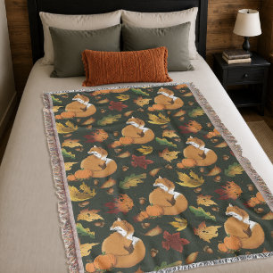 Red Fox Autumn Leaves Acorns Green Pattern Throw Blanket