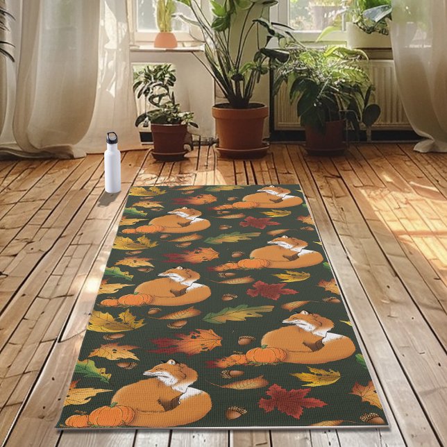 Red Fox Autumn Leaves Acorns Green Pattern Yoga Mat (Creator Uploaded)