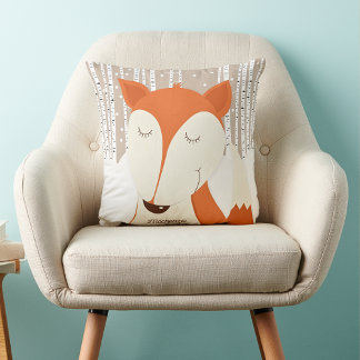 Red Fox Birch Tree Winter Woodland Cushion