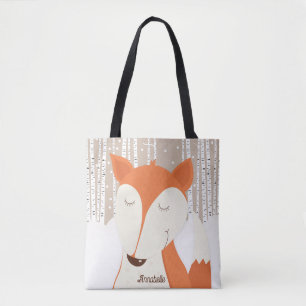 Red Fox Birch Tree Winter Woodland Tote Bag