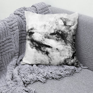 Red Fox Black and White Watercolor 01 Cushion