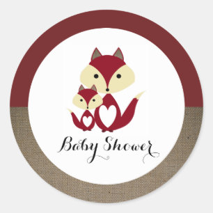 Red Fox Burlap Baby Shower Classic Round Sticker