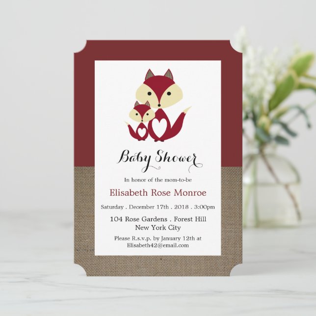 Red Fox Burlap Baby Shower Invitation (Standing Front)