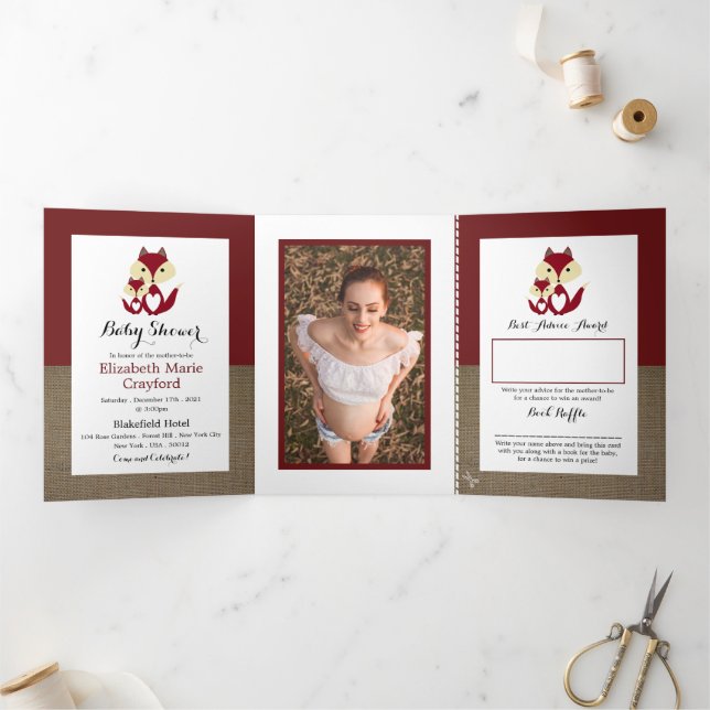Red Fox Burlap, Baby Shower Suite Tri-Fold Invitation (Inside)