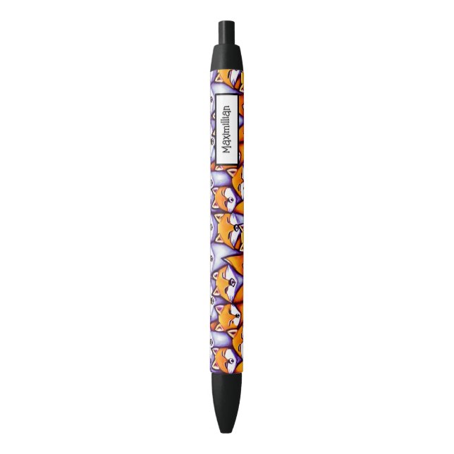 Red fox cartoon DIY name woodland animal pattern Black Ink Pen (Front Vertical)