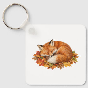 Red Fox Curled Up on Fallen Leaves Key Ring