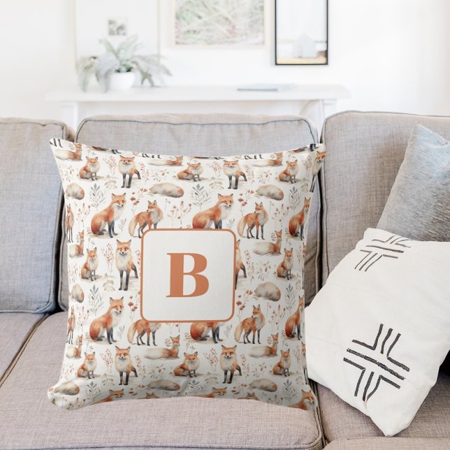 Red fox cute animal nursery monogram cushion (Creator Uploaded)